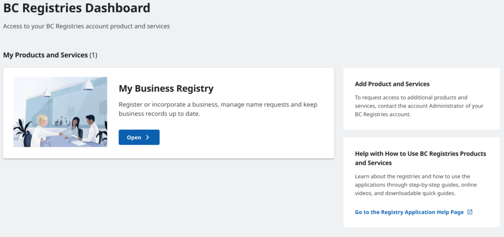 A screenshot shows the BC Registries Dashboard.