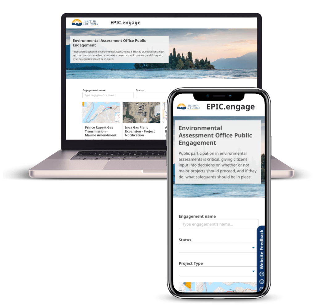 A laptop and a smartphone displaying the same website, 'EPIC.engage." The screens shows a section where users can engage with public participation processes.