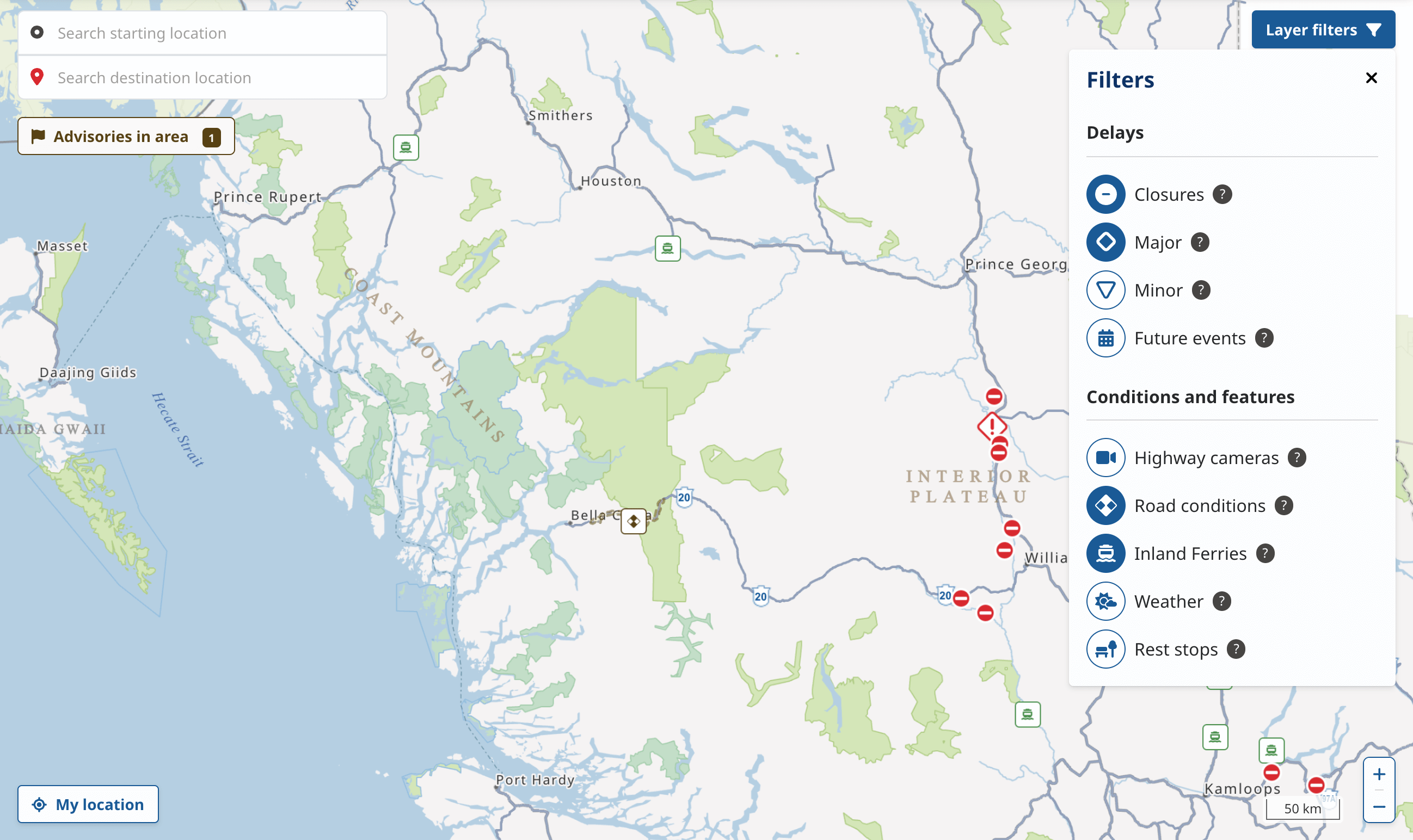 A map highlighting a section of British Columbia. It's focused on the areas around Bella Coola, Houston and Prince George. The map shows major roads, including Highway 20. Icons on the map indicate points of interest and road closures.