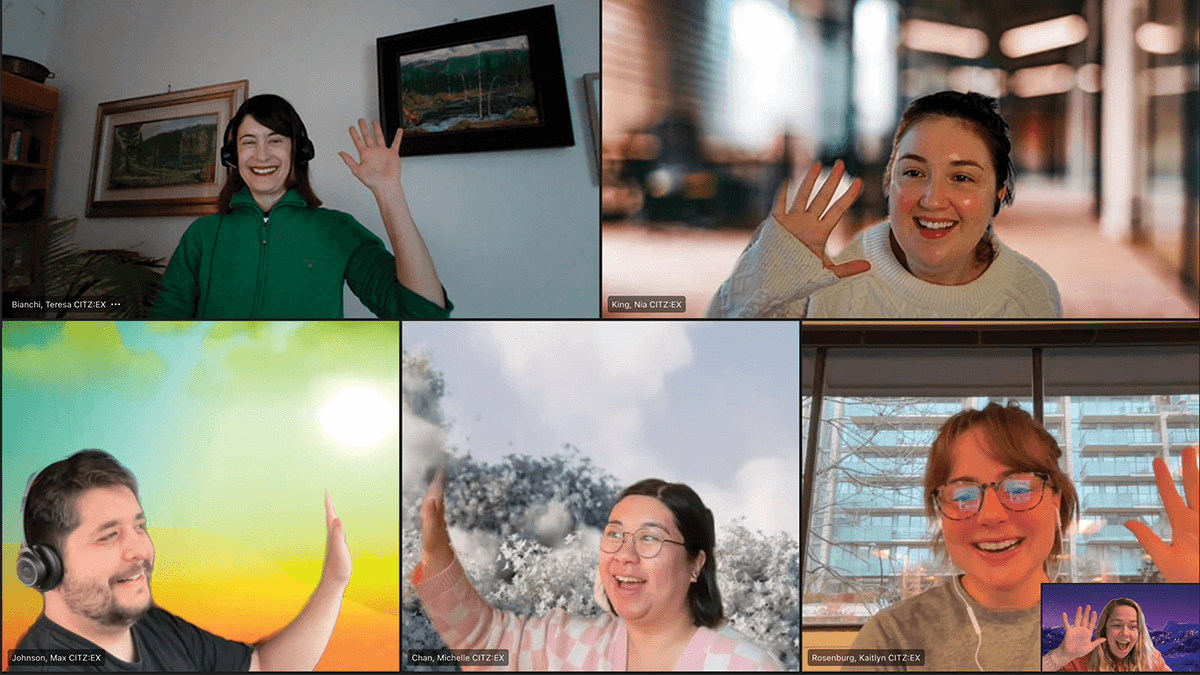 Six people participating in a Teams call, waving hello